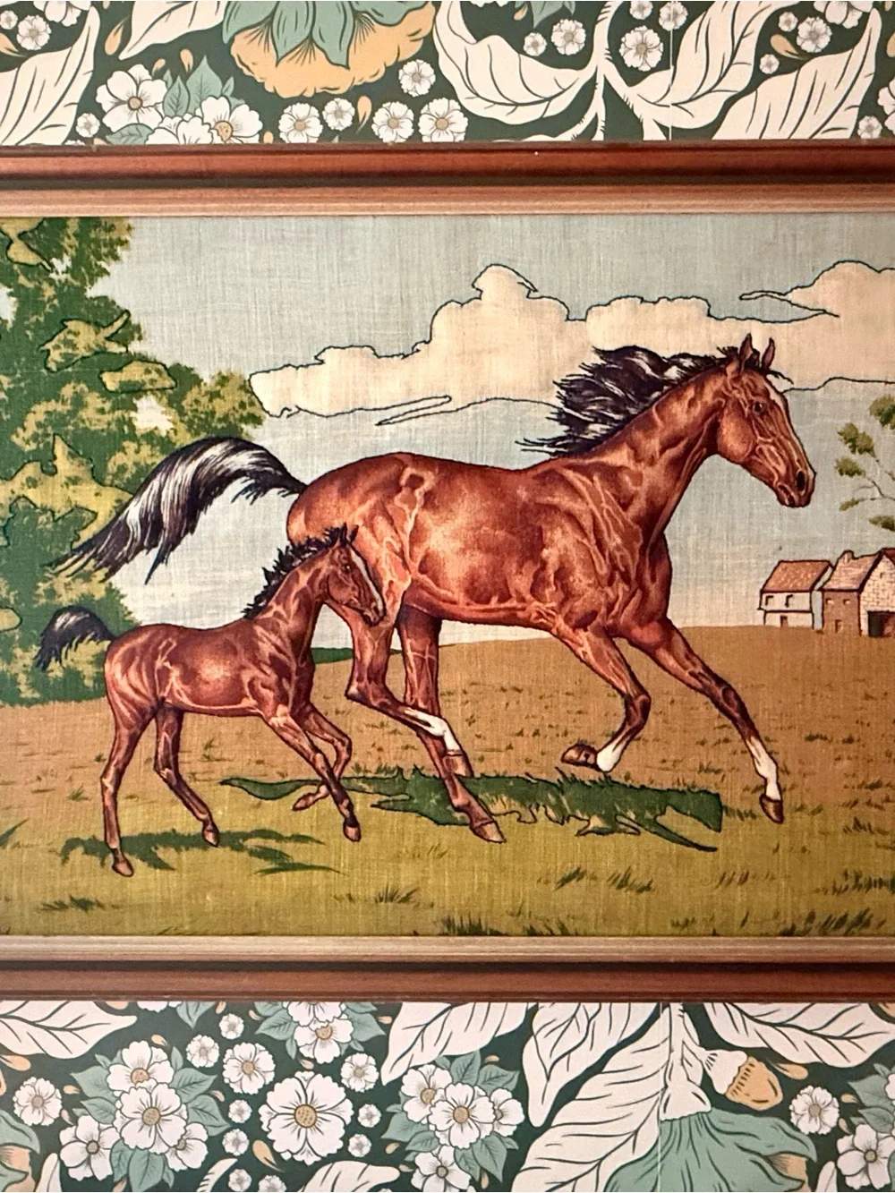 Vintage Framed Mare and Foal Embroidered Art - Brown